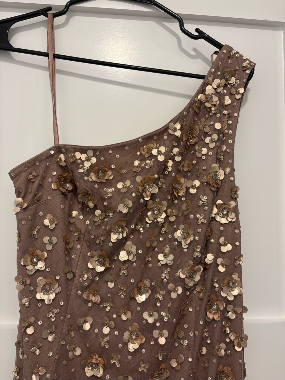 Adrianna Papell One-Shoulder Brown Floral Sequin Dress